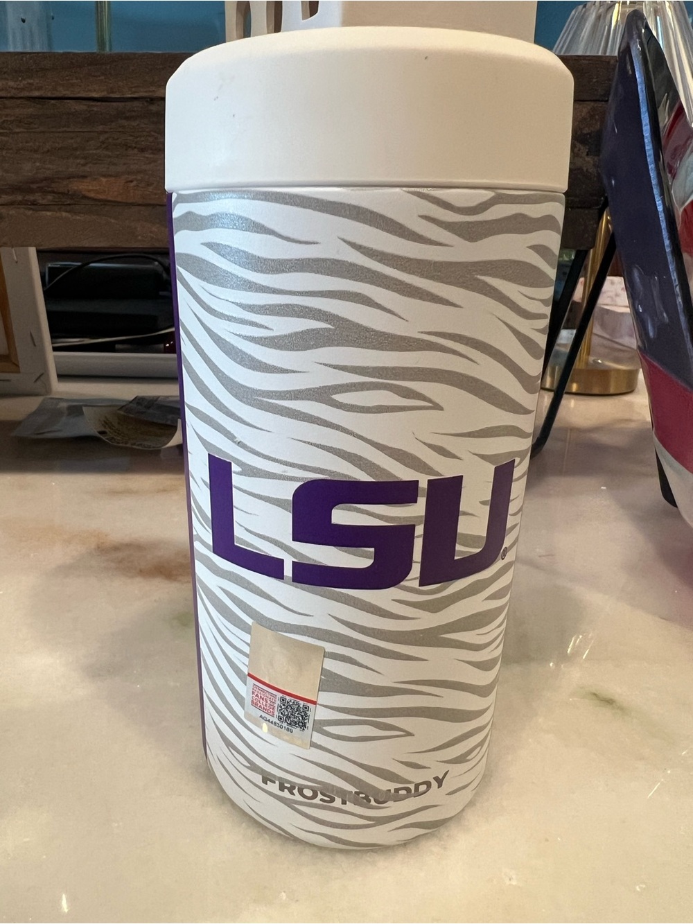 LSU Zebra Print Travel Tumbler - FrostBuddy White and Purple